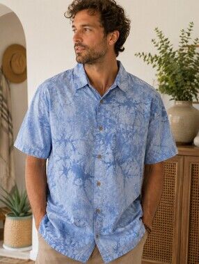 Marcel Hemp Blue Tie Dye Button Front Camp Shirt Boho Festival Mens XL